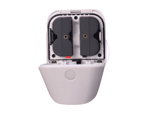 Animation of Spotlight Cam battery status; solid red rectangle light battery fully charged; flashing red light battery low.