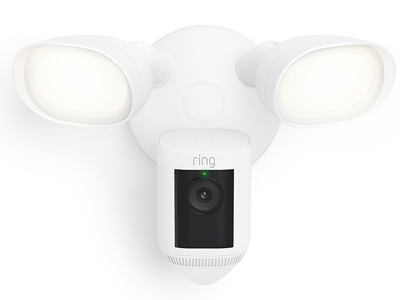 Animation of Floodlight Cam Wired Pro green light turning on for one second, then off; setup failed due to camera not reaching Ring's servers or internet light pattern.