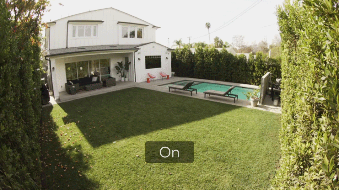 Example Ring video comparing High Dynamic Range on and off. HDR on shows balanced exposure and more detail. HDR off displays overexposed bright areas.
