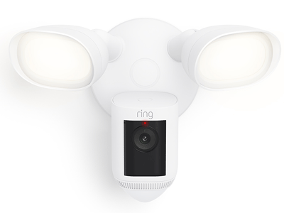 Animation of Floodlight Cam Wired Pro red light turning on and off quickly; siren is activated light pattern.