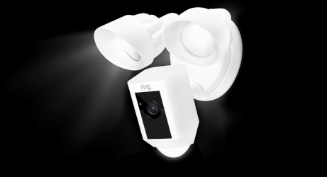 Animation of Floodlight Cam with solid white light; getting ready to be activated light pattern.