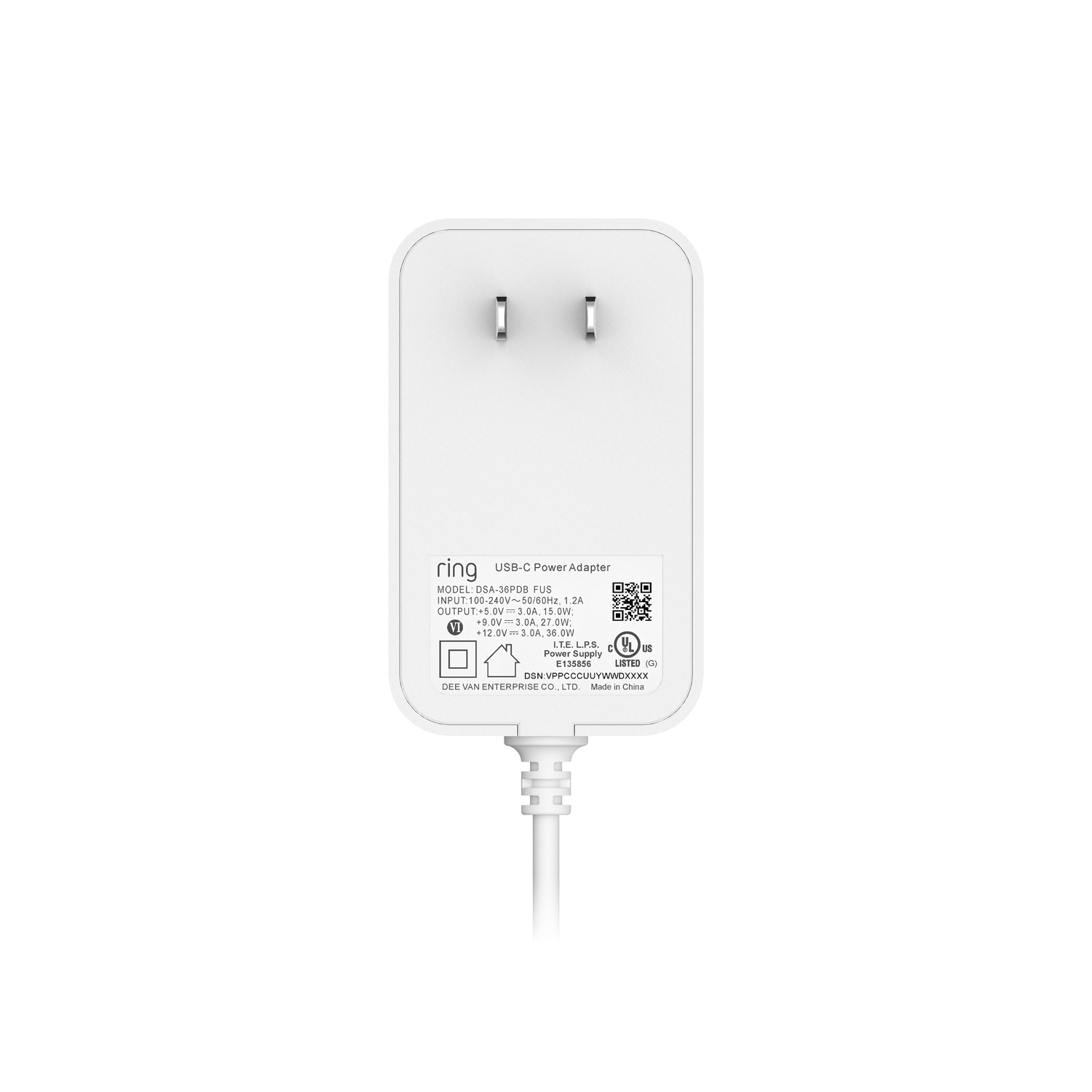 Alarm Pro Power Adapter - A close up of the back of a white Ring Alarm Pro Power Adapter over a white background.