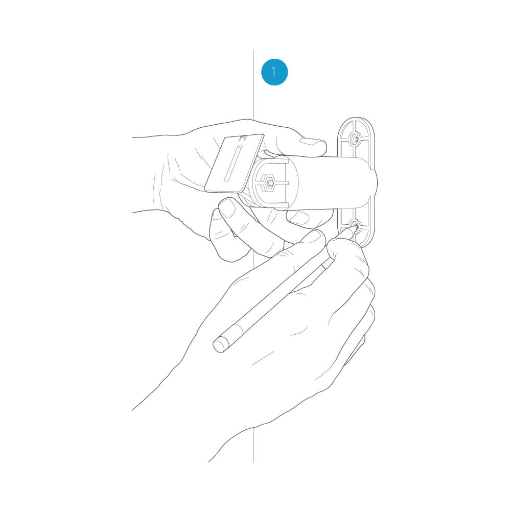 Illustration of a hand holding a mounting arm on a wall and using it as a template to mark the holes for installation. with a pencil.