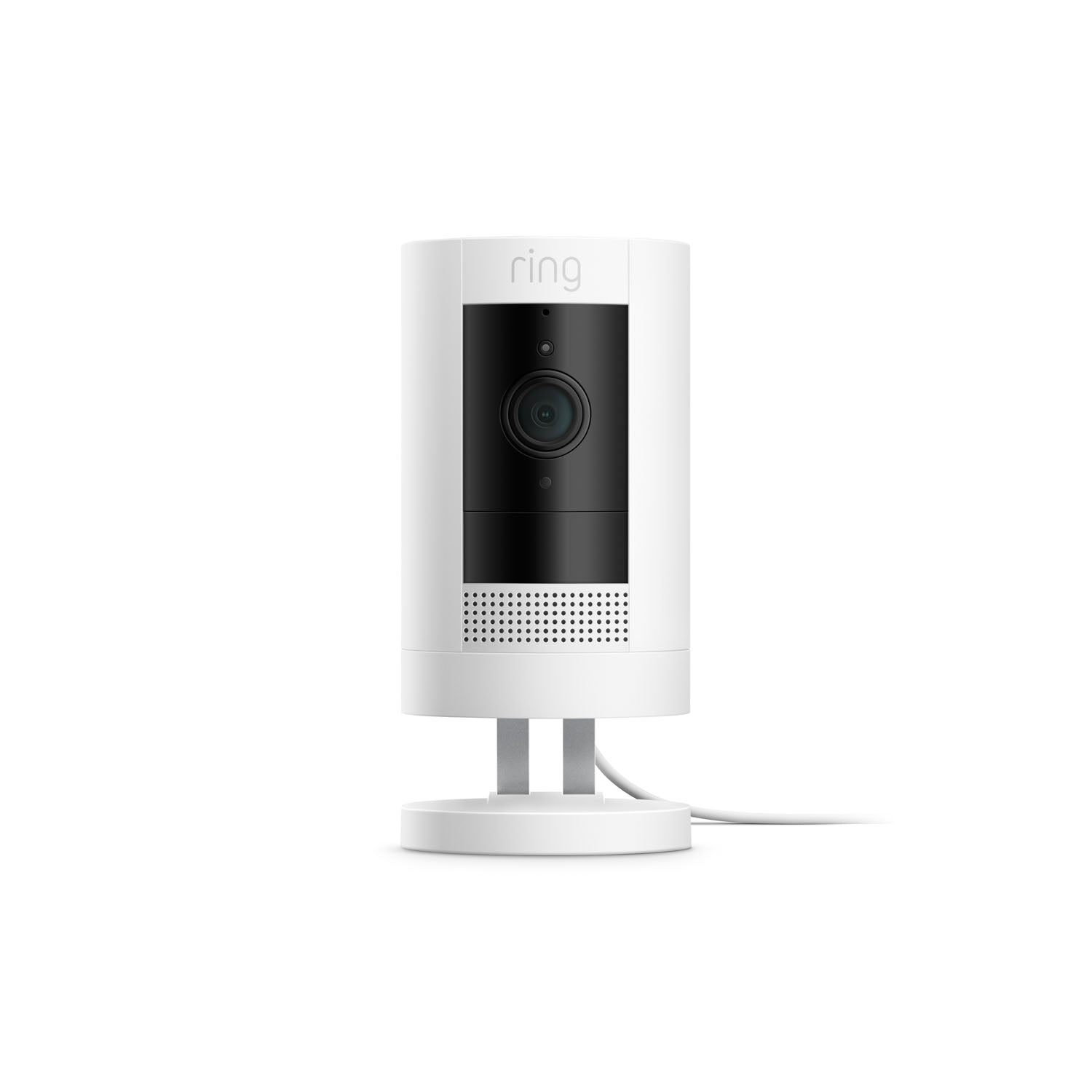 Mount for Stick Up Cam (Stick Up Cam 2nd and 3rd Generation, Stick Up Cam Elite) - White Ring Stick Up Cam with power cable attached to adjustable round base mount for 2nd and 3rd Gen Stick Up Cams.