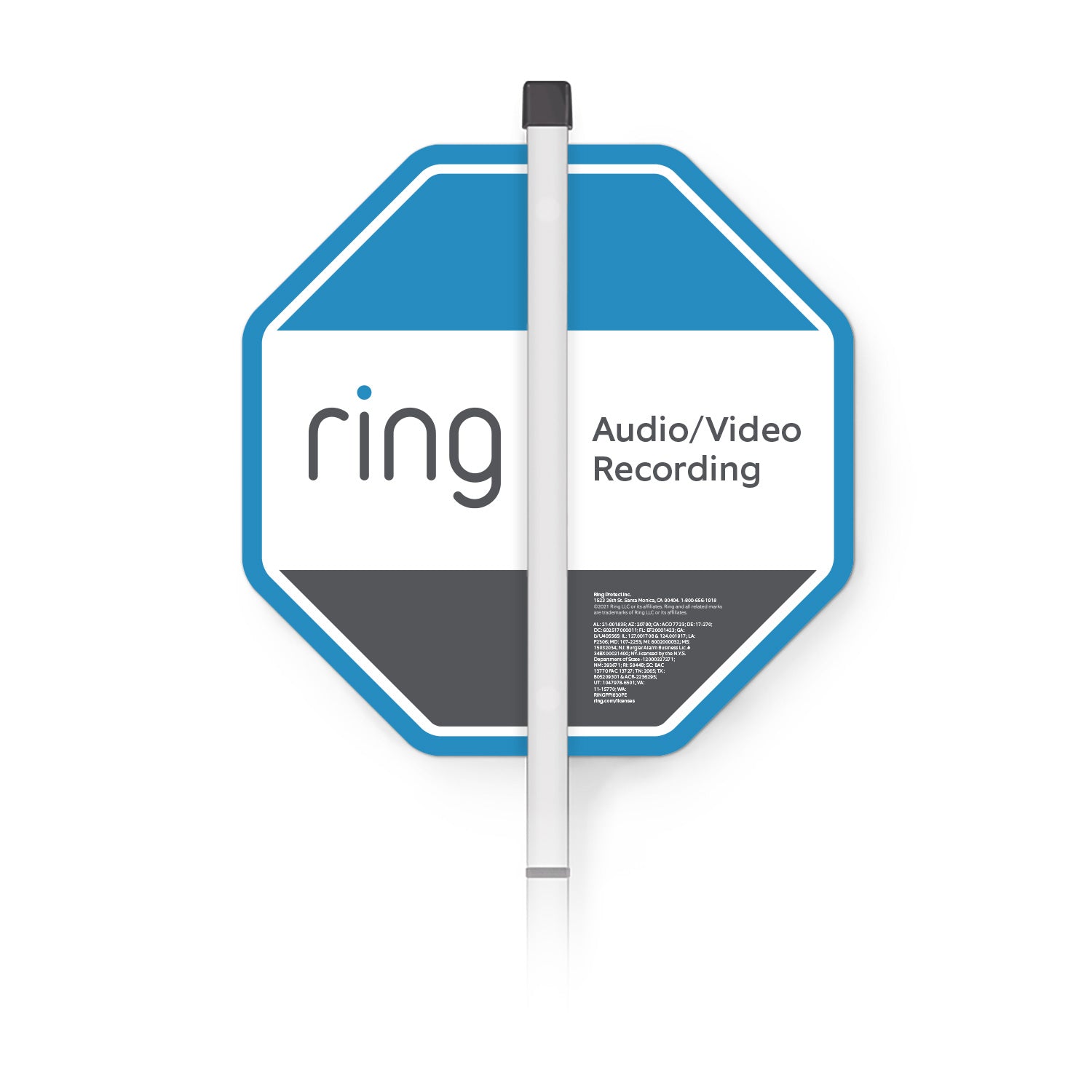 Security Yard Sign - Blue and black Ring Security Yard Sign with 'Audio/Video Recording' text, shown from the back with white mounting post.