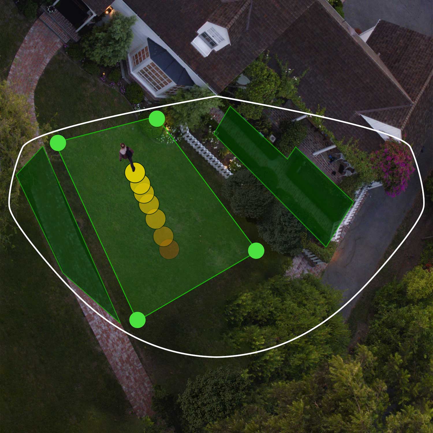 Spotlight Cam Pro (Featuring Retinal 2K) - Wired:Ring Spotlight Cam Pro Bird's Eye View and 3D Motion Detection zones in green and path of person in yellow.