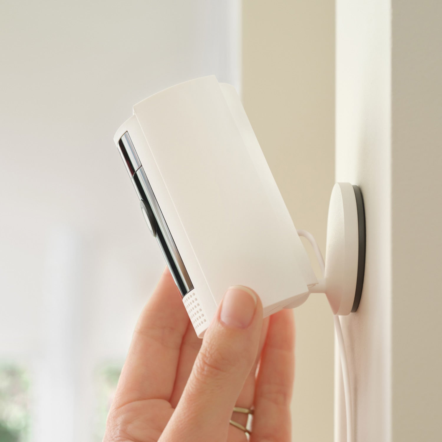 Indoor Cam, 2nd Gen (Certified Refurbished) - Ring Indoor Cam Plug-In monitoring rooms, showing live views, working with Alexa, and highlighting alerts.