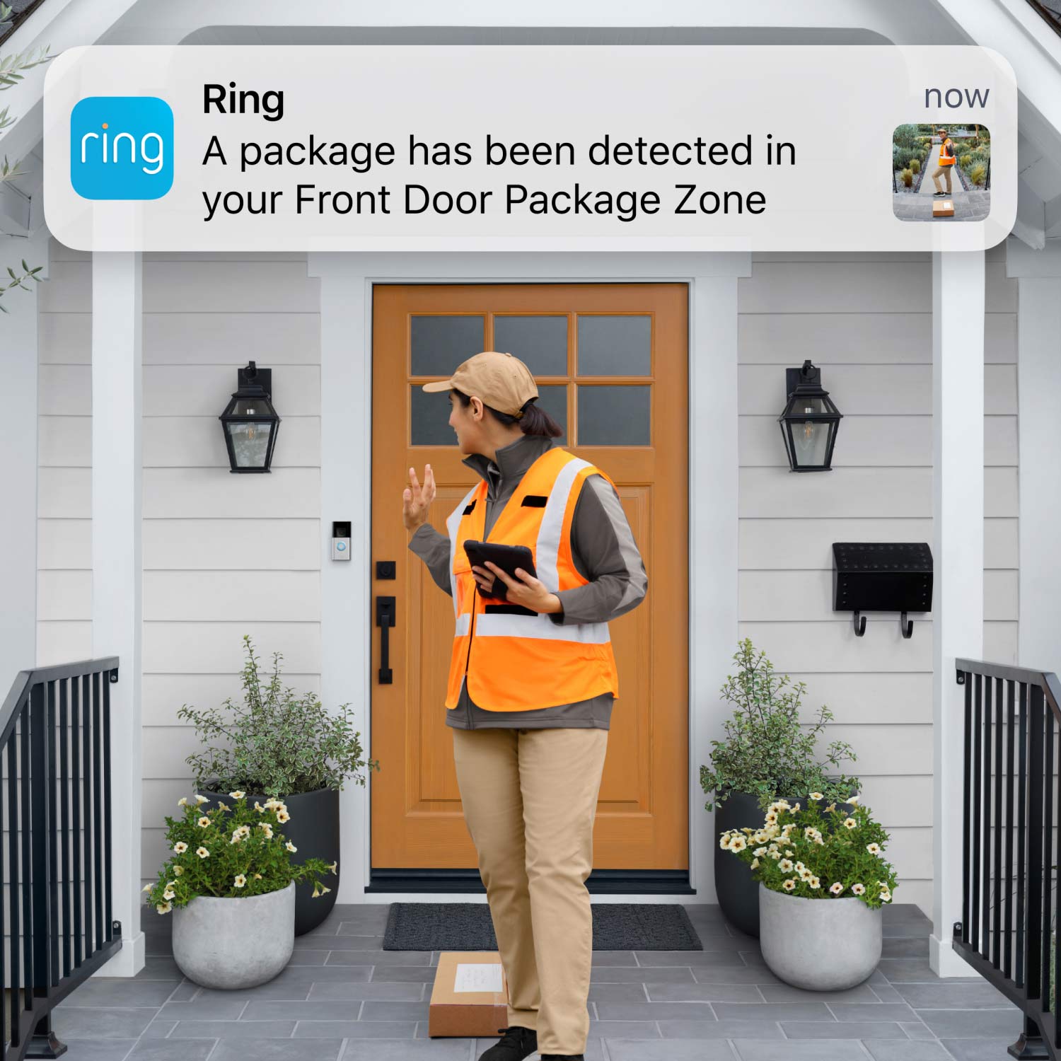 Battery Doorbell Plus - Delivery person by a front door next to package on the ground. Ring App alert shows package detected in Package Zone.