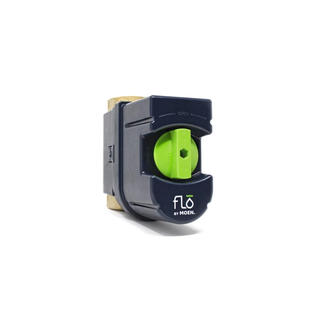 Flo by Moen 1-1/4-Inch Smart Water Shutoff (for Works with Ring) - Flo by Moen one and one-quarter-inch Smart Water Shutoff valve in black and green.
