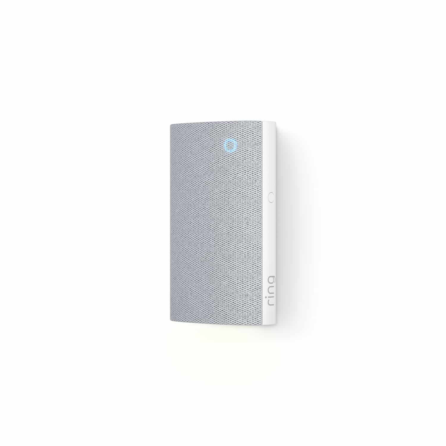 Chime Plus - Slim white and gray wall-mounted speaker with a perforated front grille and a small blue LED ring near the top.