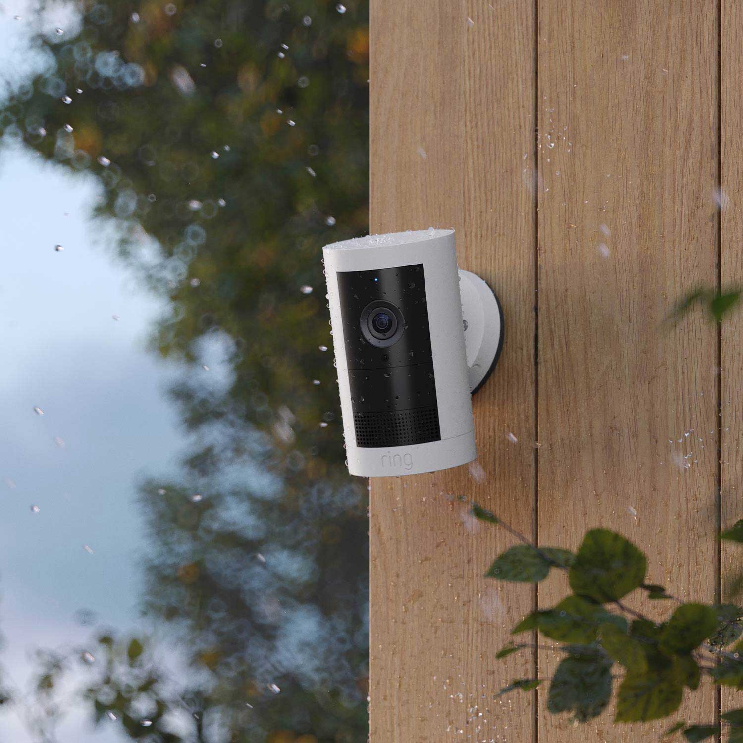 Outdoor Cam Plus Battery + Indoor Cam (2nd Gen) - A white Outdoor Cam Plus Battery mounted onto a wooden wall.