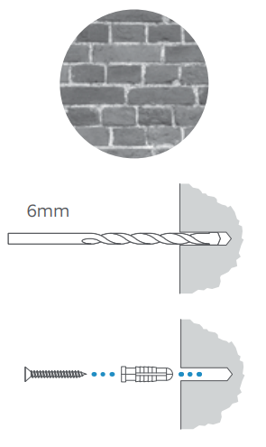 Illustration of drilling the holes to mount on a masonry (concrete, brick, or stucco) surface.