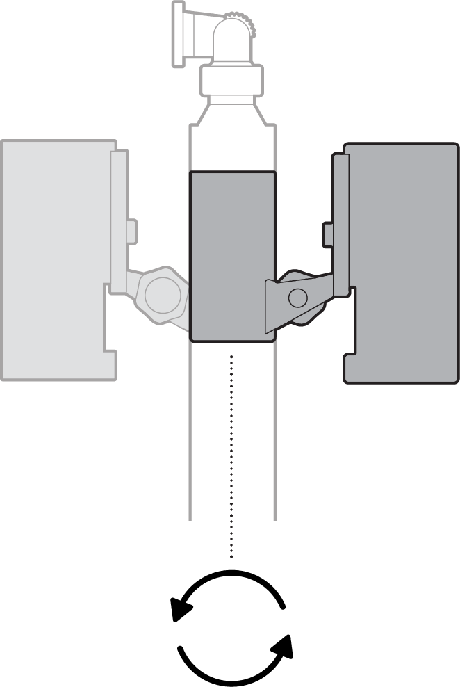Illustration showing how to adjust the placement and rotate the camera mount pole 360 degrees. 