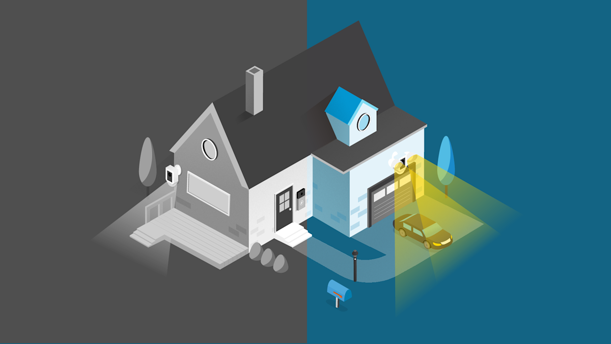 Illustration of a house, half in grey scale, half in color to indicate color night vision.