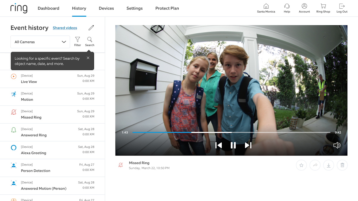 Screen shot showing the Smart Video Search option on Event History view on Ring.com.