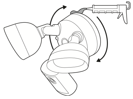 Illustration showing to apply a weatherproof silicone caulk or sealant around the perimeter of the lighting fixture to seal any gaps between the lighting fixture and the mounting surface.