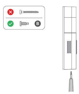 Red circle with "x" shows incorrect screw, green circle with check shows correct screw, doorbell with screwdriver at bottom near hole.
