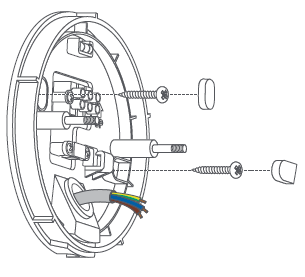 A circular plate with wiring, two mounting screws, and dotted lines from rubber plugs to the screw holes showing how to secure the plate.