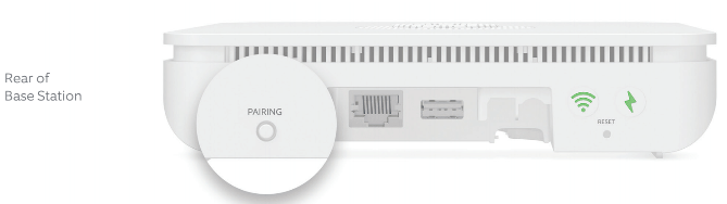 Rear view of the Base Station (2nd Gen) showing the pairing button on the left side next to the Ethernet port.