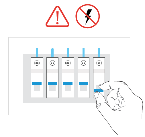 Hand resetting electrical circuit breakers in panel.