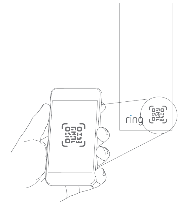 Hand holding phone scanning QR code on Ring device.