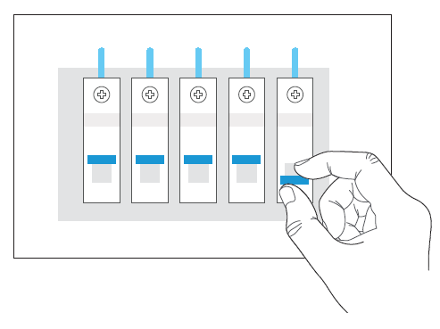 Hand adjusting electrical circuit breaker switches in panel.