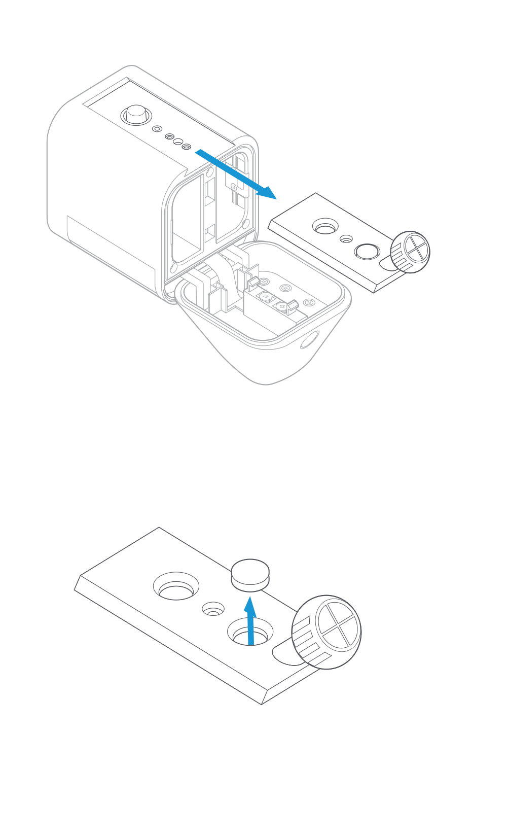 Press the button on the back of the Spotlight Cam and slide the mounting plate out of its slot. On the mounting plate, pop the rubber weatherproofing plug out of its hole.
