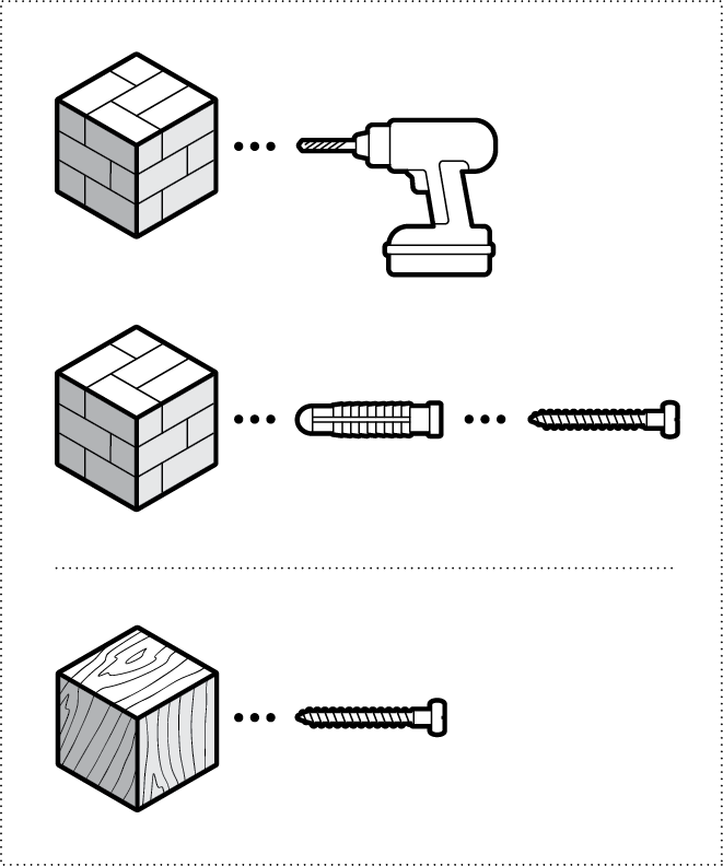 One cube showing a brick surface with a drill, screw, and anchor and one cube with a wood surface showing a screw both with dots leading to the surface.