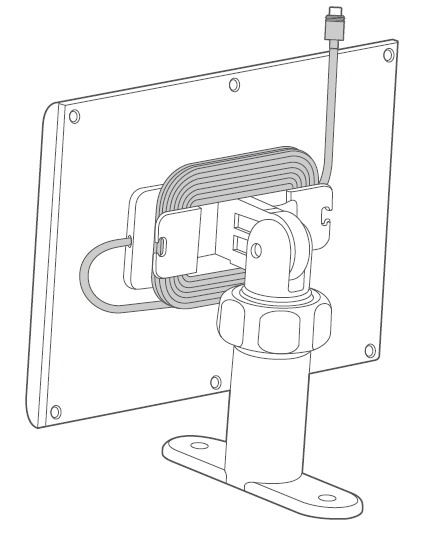 Illustration of the back of a solar panel showing the excess cable wrapped around the cable holder and clipped, with the USB-C adapter pointing up.