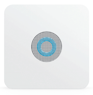 Ring Alarm Base Station (2nd Generation) with a solid blue LED ring on the front.