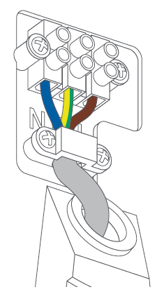 Diagram with wires (blue, yellow/green, and brown) connected to labeled terminals. A gray cable enters the bottom of the device.