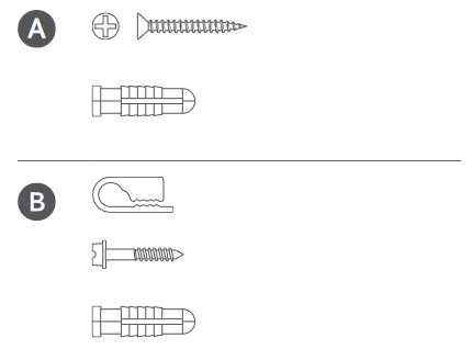 An illustration of a screw, a screw head with a plus, and an anchor labeled with an "A"; and a clip, a smaller screw, and an anchor labeled with "B" representing hardware included.