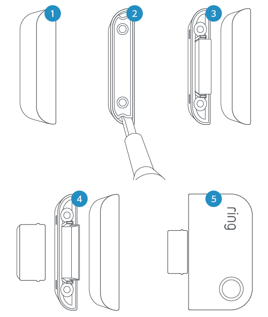 Illustration of a contact sensor showing how to open the magnet housing with a screwdriver and remove the slim magnet.