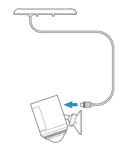 Illustration of a Spotlight Cam with a USB-C cable coming out of the solar panel and a blue arrow pointing toward the port on the camera, showing how to connect it.