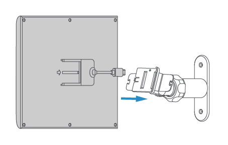 The back of a solar panel with a USB-C cable extended and an arrow pointing to the mount showing how to slide it onto the bracket until it clicks into place.
