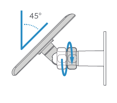 Illustration of a solar panel mounted at a 45-degree angle and an arrow circling downward showing tightening the nut once positioned. 