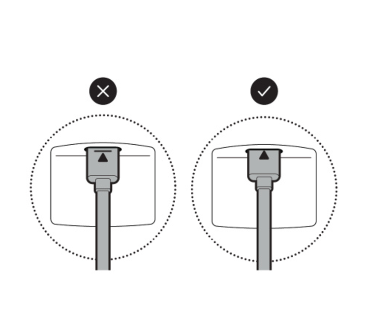 Illustration of plugging the power cable in until the indicator line disappears.