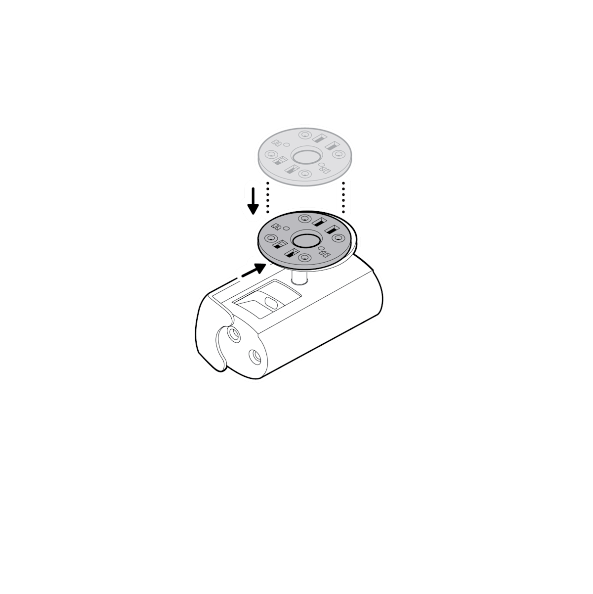 Illustration showing how to reattach the mounting plate by sliding until you hear a click to secure.