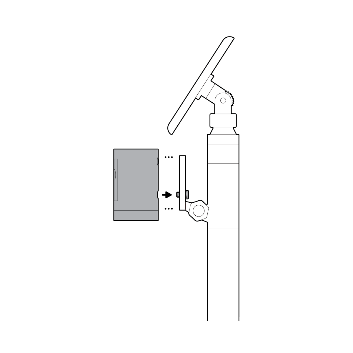 Illustration showing how to attach the camera to the mount and screw it into place.