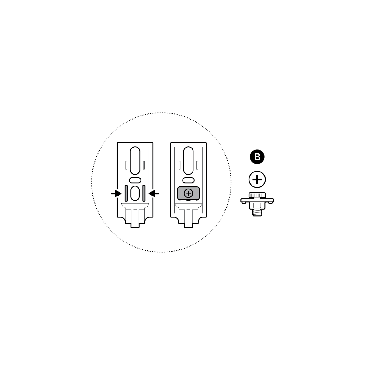 Illustration of how to align the side edges of the hand screw with the indented tracks on the back of the mount arm plate.
