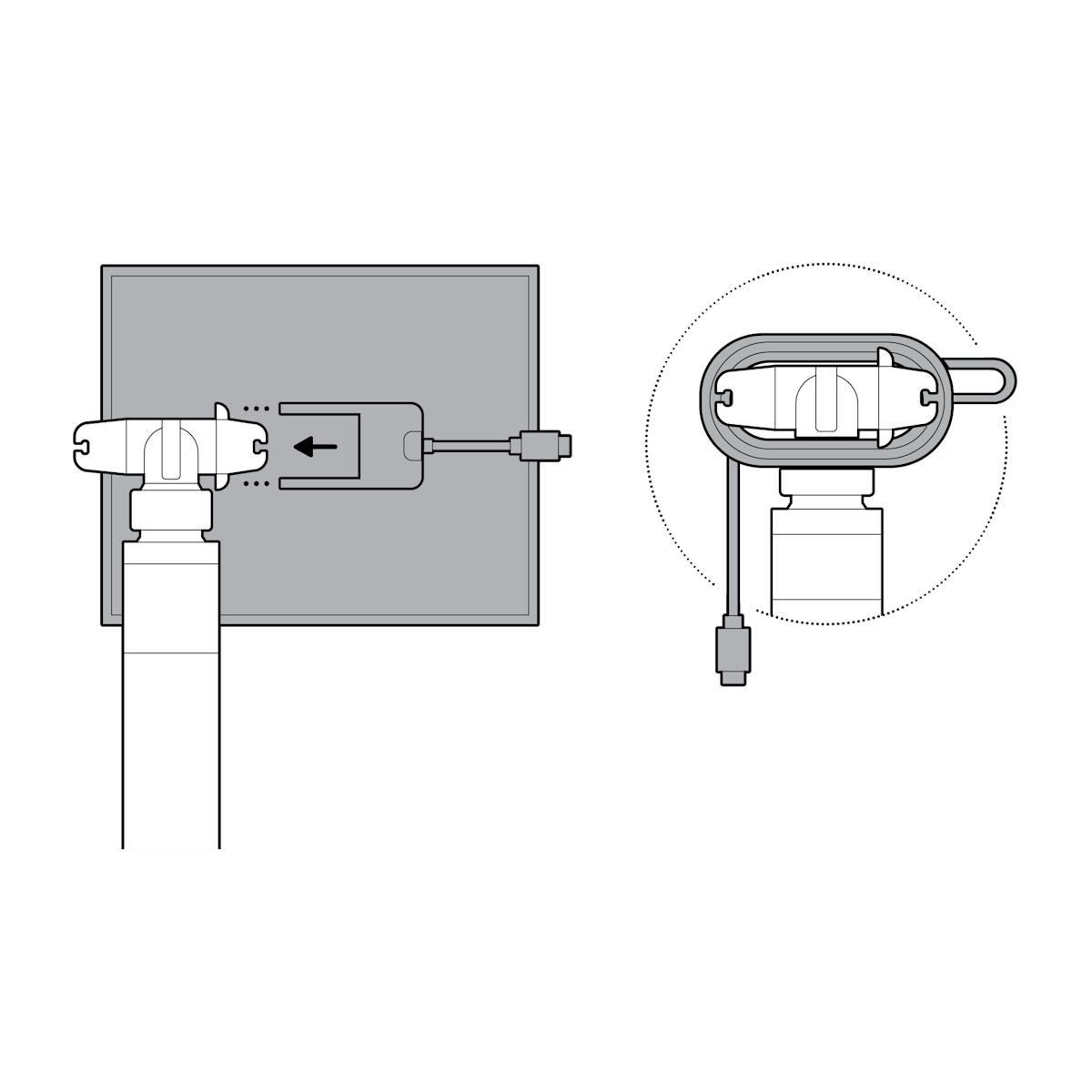 Installation showing to gather the excess power cable and secure it behind the attached mount.