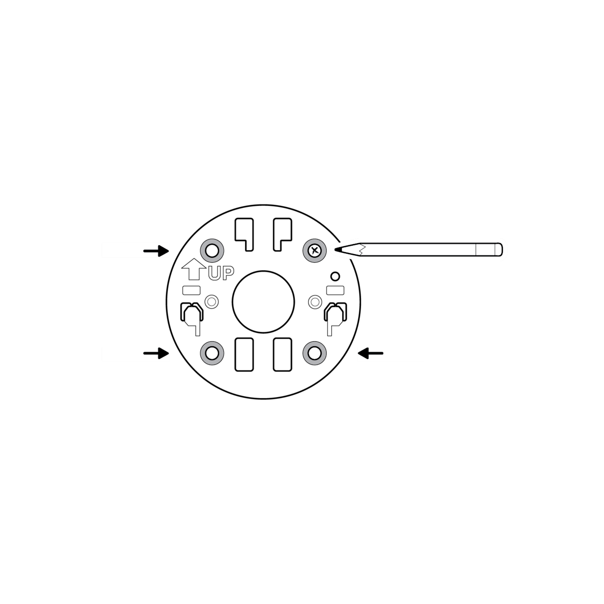Illustration showing a pencil marking the installation holes using the mounting plate as a guide.