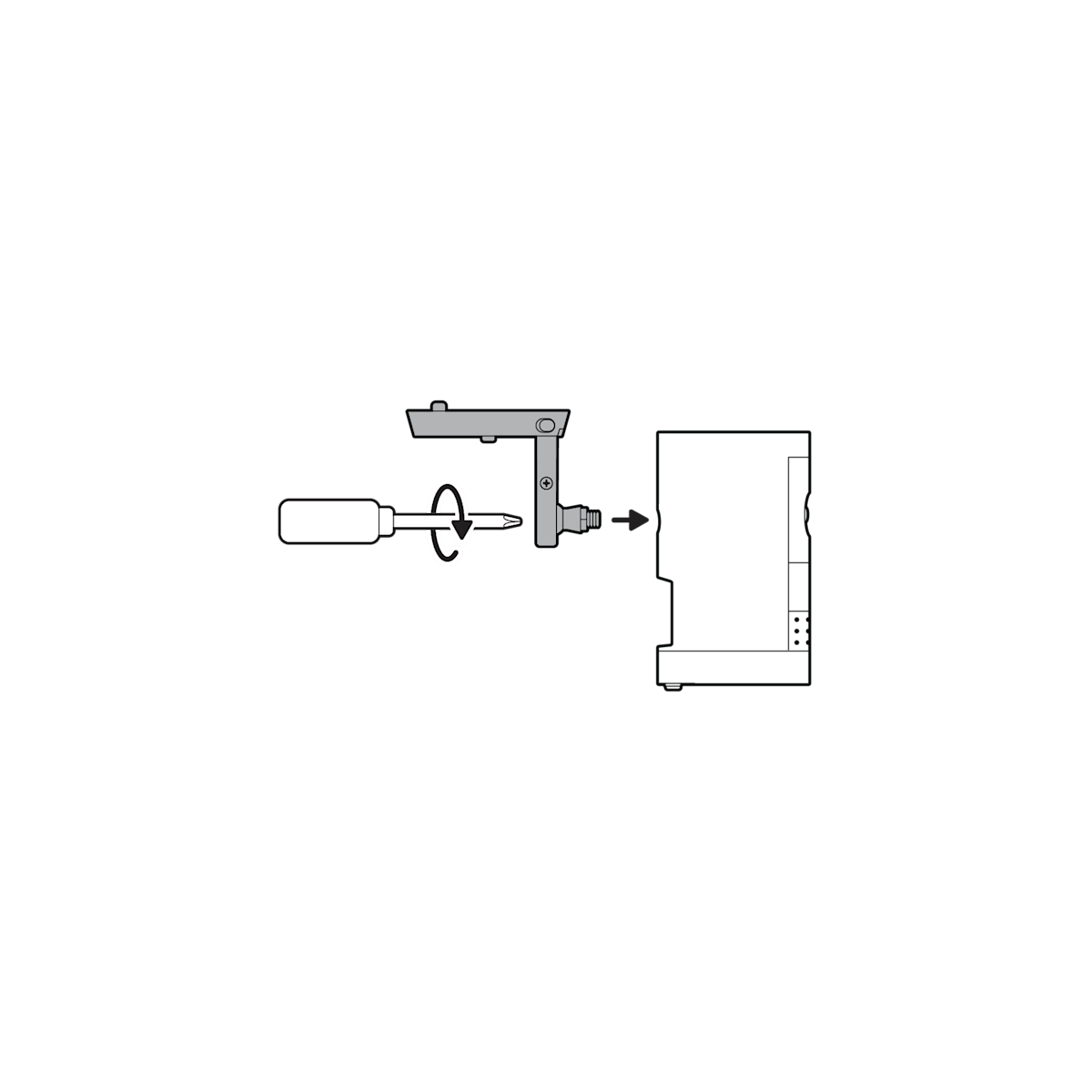 Illustration of a screw driver screwing in the screw to attach the camera mount to the back of the camera.