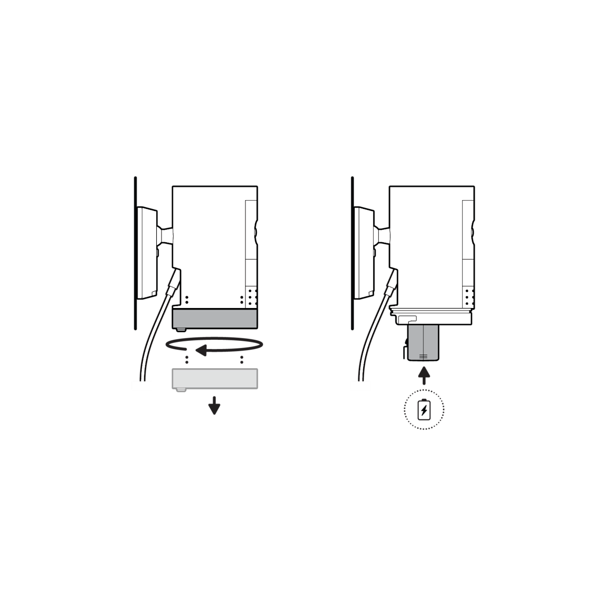 Illustration showing the battery compartment being opened and battery pack being inserted.
