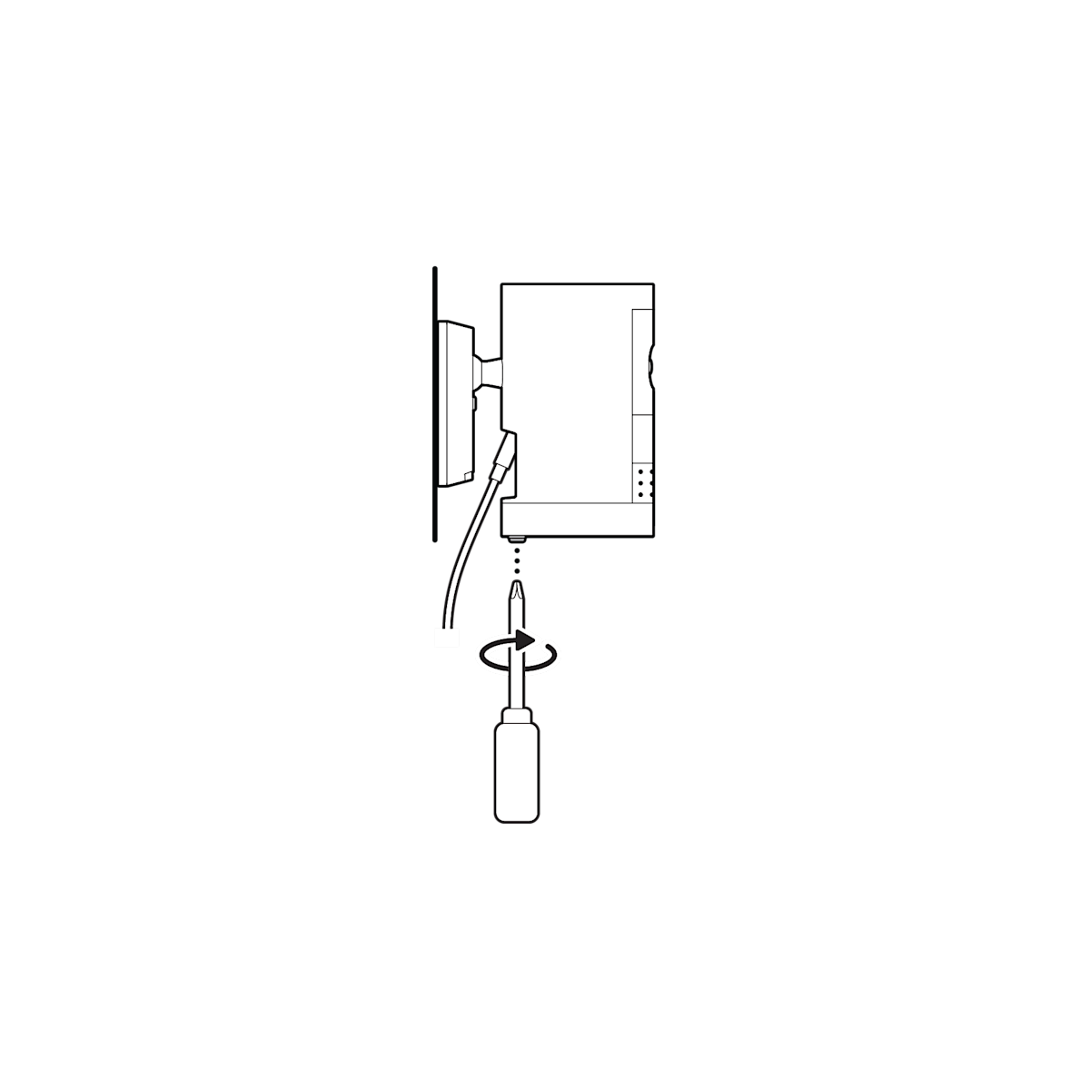 Illustration of a screwdriver tightening the security screw on the battery cover of a wall-mounted Outdoor Cam Plus Plug-In.