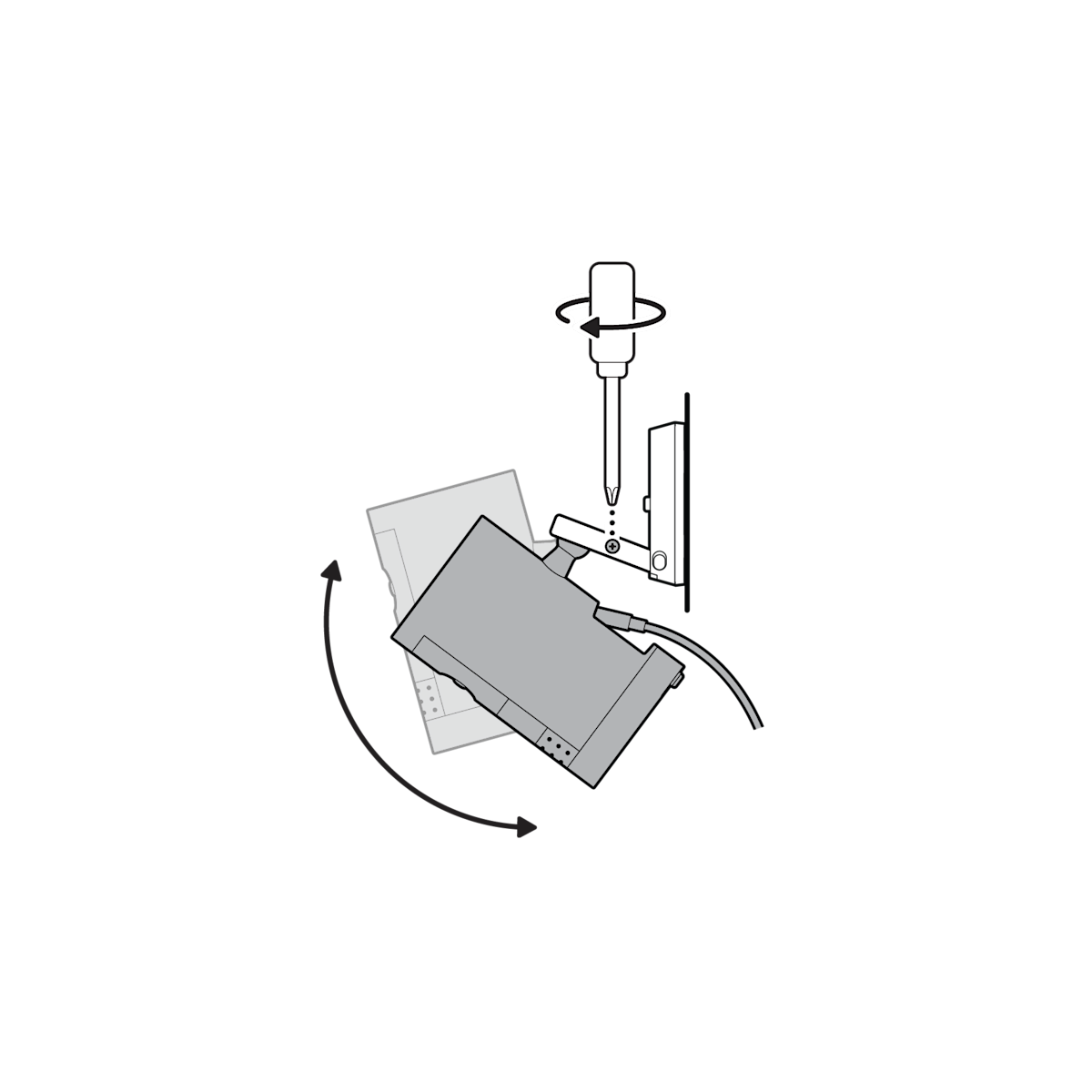 Illustration showing the range of the camera’s angle, then tighten the screw on the camera mount arm if adjustments are made.