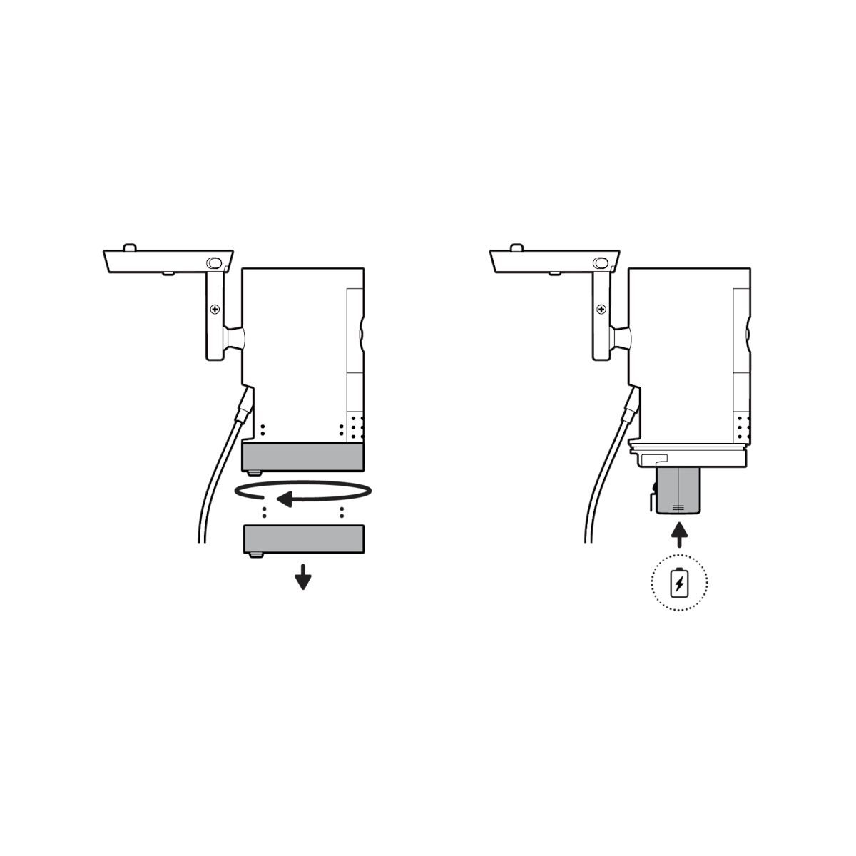 Illustration of installing with a Quick Release Battery Pack, twisting the battery cover to remove it, inserting the battery and closing.