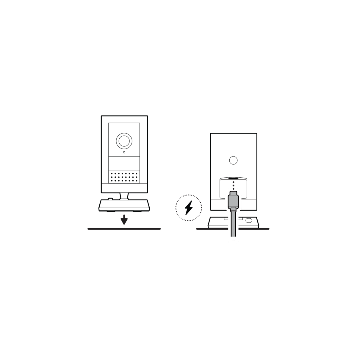 Illustration showing a flat surface installation plugging the power cable into the device.