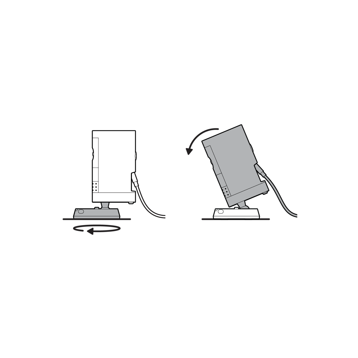 Illustration showing positioning for a downward angle, with the longer side of the base toward the front and the camera tilted down.