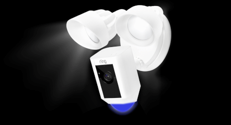 Animation of Floodlight Cam Floodlight Cam solid blue light; speaker enabled and camera recording light pattern.